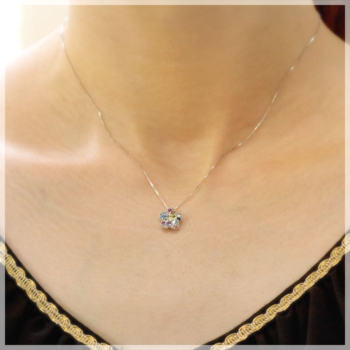 天然石マルチストーン16石(11種) フラワー ネックレス K10 ホワイト