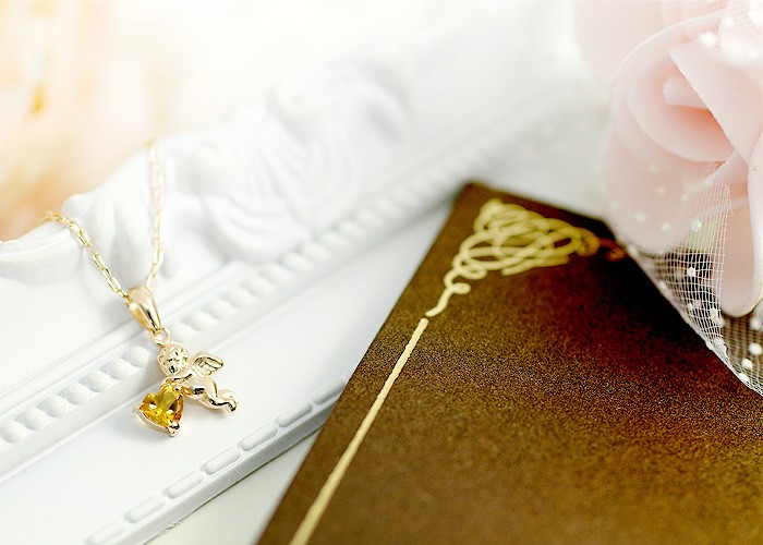 シトリン ネックレス レディース 11月誕生石 天使モチーフ ペンダント