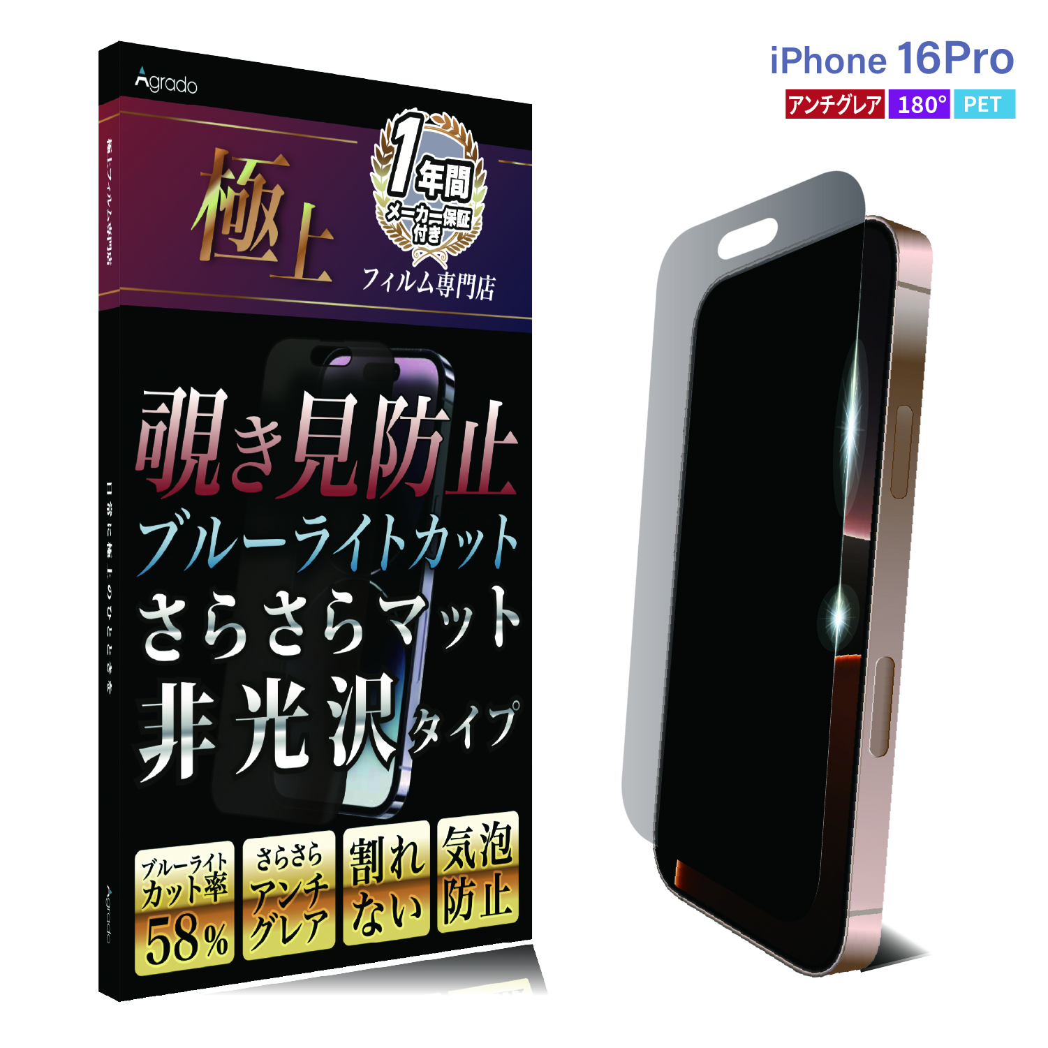 左右覗き見防止 割れない iPhone フィルム ブルーライトカット