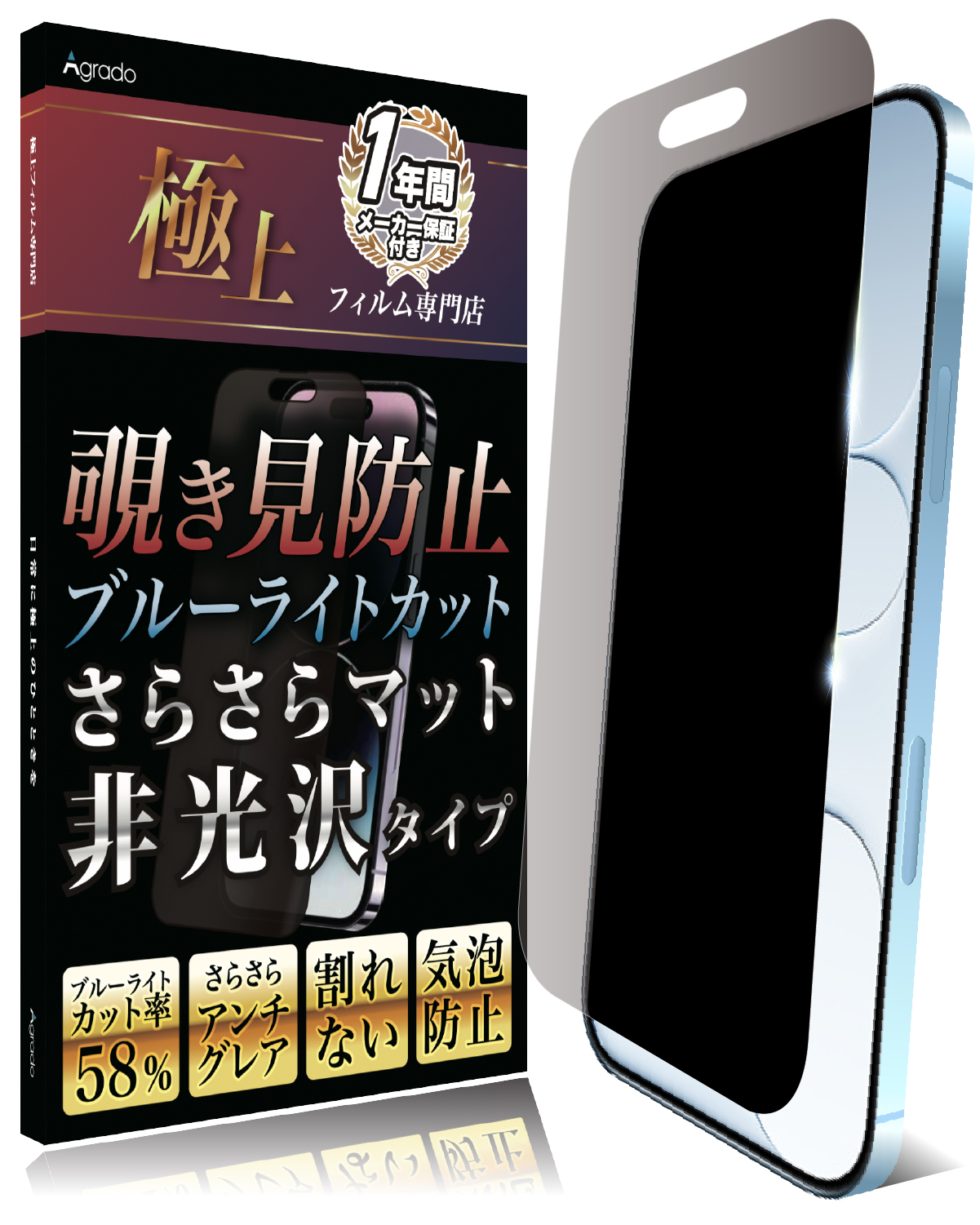 左右覗き見防止 割れない iPhone フィルム ブルーライトカット