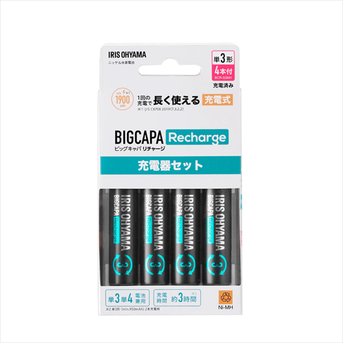 アイリス BCR−SQC3MH／4S  充電池 充電器セット（単3形×4本付）  BIGCAPA Recharge