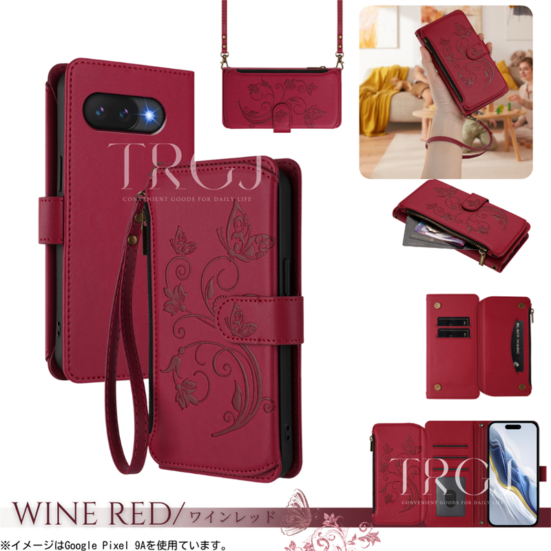 2WAY ストラップ付き Google Pixel 9a ケース 手帳型 蝶柄 花 10