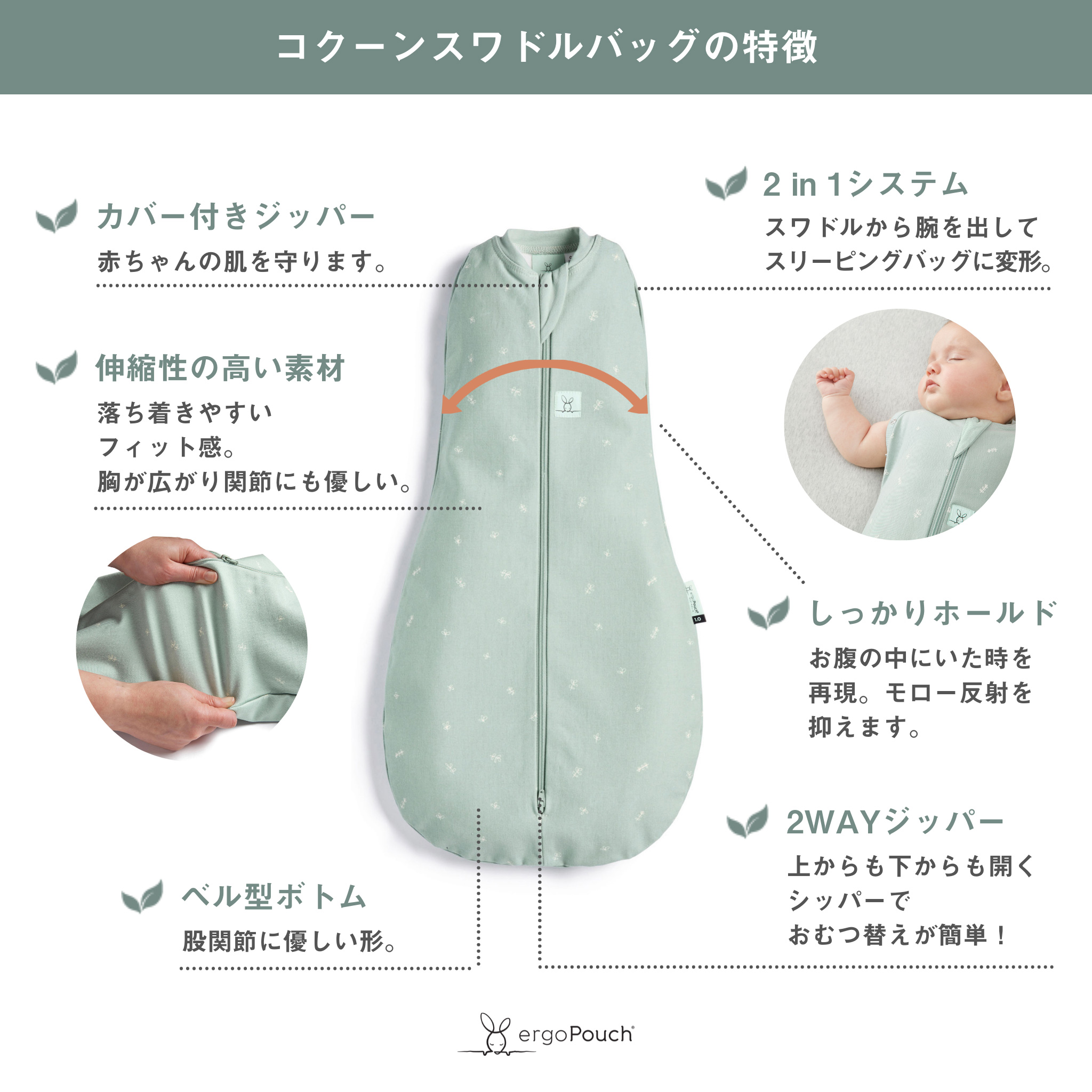 エルゴポーチ ergoPouch コクーンスワドルバッグ手が出るスワドル 2way 着るおくるみ ベビー 安眠 ぐっすり 正規販売店 自然にぐっすり 赤ちゃんの夜泣き対策に モロー反射 ラッピング無料 出産祝い ギフト プレゼント 夜泣 GOTS認証 ス