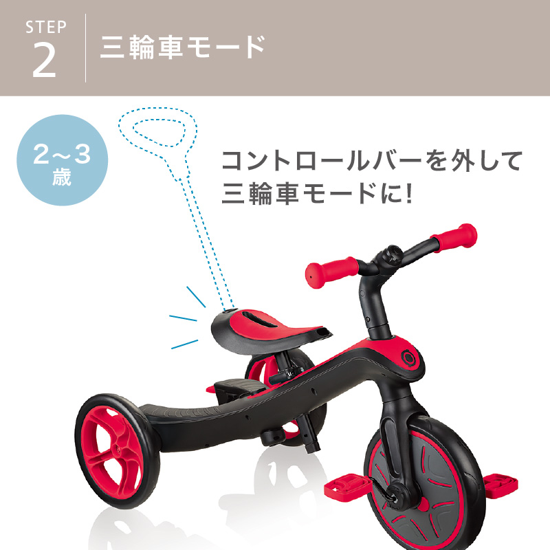 GLOBBER（グロッバー） エクスプローラー トライク 3in1 レッド | 三輪車 キックバイク コントロールバー付き 変形 モードチェンジ