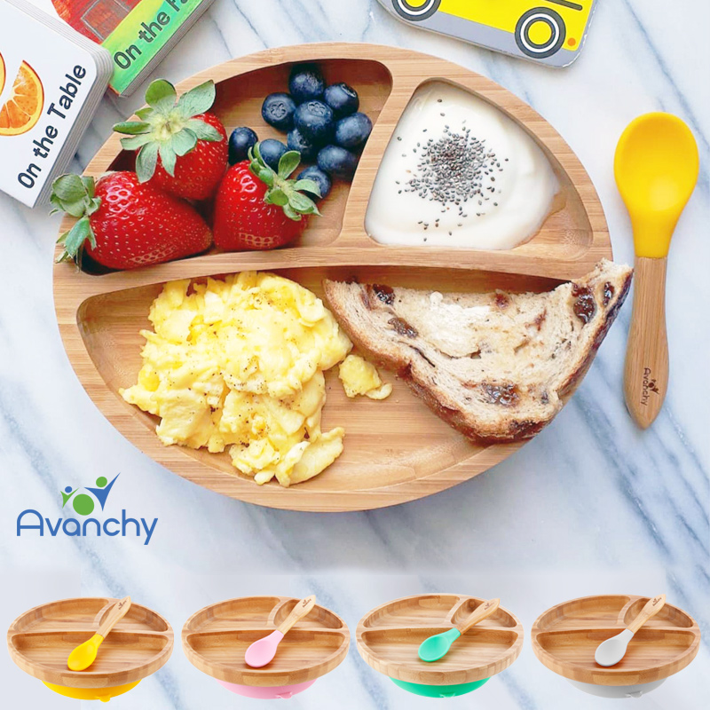 Avanchy アヴァンシー 竹の プレート スプーン セット ワイド 吸盤付き 竹食器 バンブー 倒れない 離乳食 おやつ ご飯 子供用 キッズ 子供