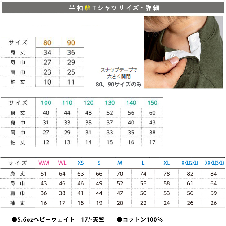綿半袖Tシャツ色見本サイズ