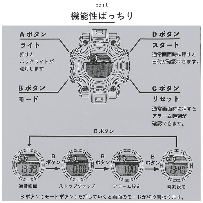 field work フィールドワーク 腕時計 防水 通販 時計 ウォッチ デジタル時計 デジタル スリー 3気圧 気圧 ストップウォッチ スプリットタイム バックライト | field work | 03