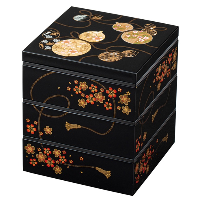 重箱 3段 小さめ 通販 日本製 山中塗り お重 おせち料理 六瓢箪ひょうたん 桜柄 五寸サイズ角重 黒塗り内朱仕上げ ２人前３人前用 お正月おせち用 運動会 | BACKYARD FAMILY | 01