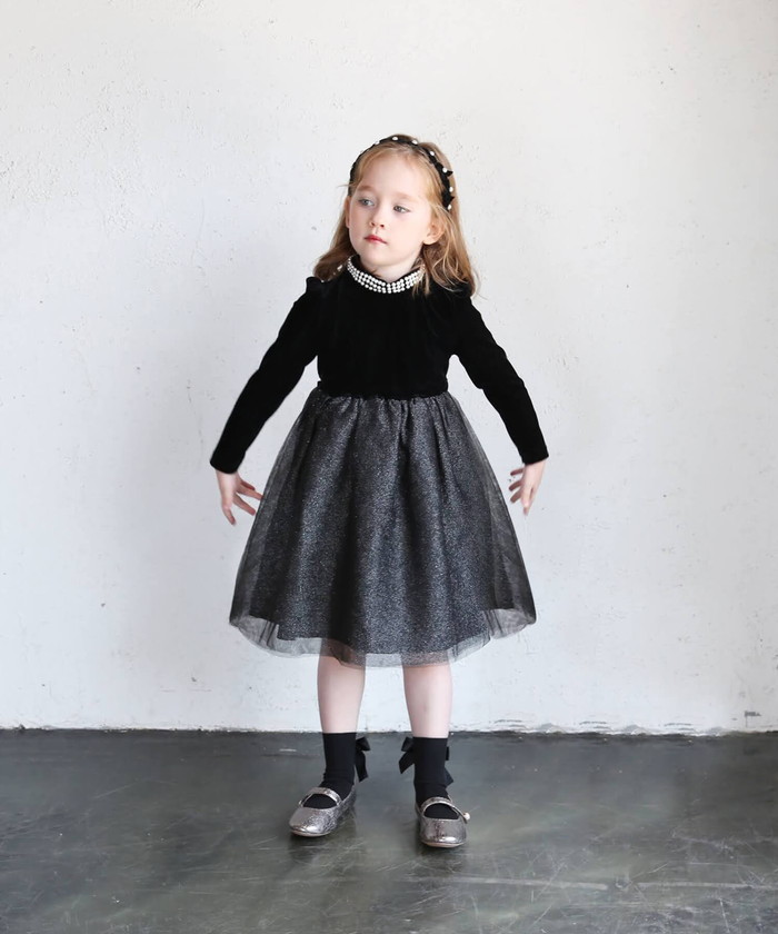 子供 ドレス ワンピース 女の子 通販 キッズ ドレスワンピース 62032302 フォーマルワンピース 長袖 ベロア パール チュールスカート 結婚式 パーティー | Rora | 01