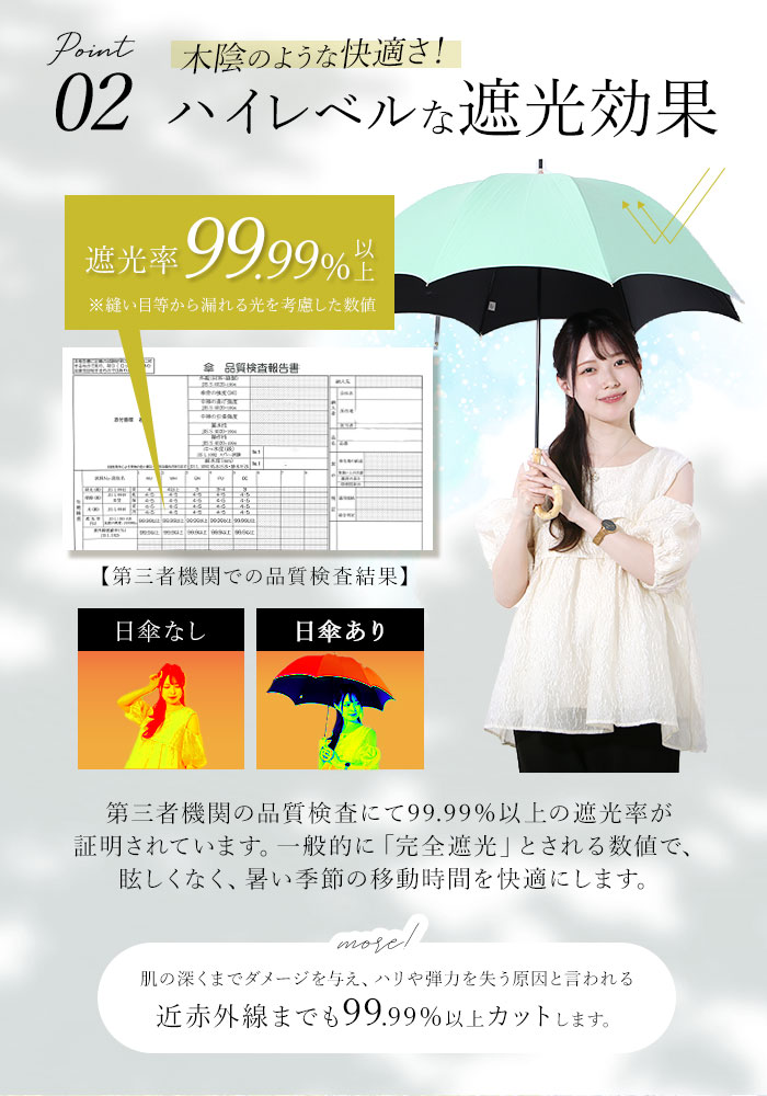 ビコーズ 傘 because 日傘 遮光 長傘 晴雨兼用 雨傘 晴雨兼用傘 UVカット 手開き 55cm 55センチ 軽量 軽い 大きめ ラージ｜backyard｜13