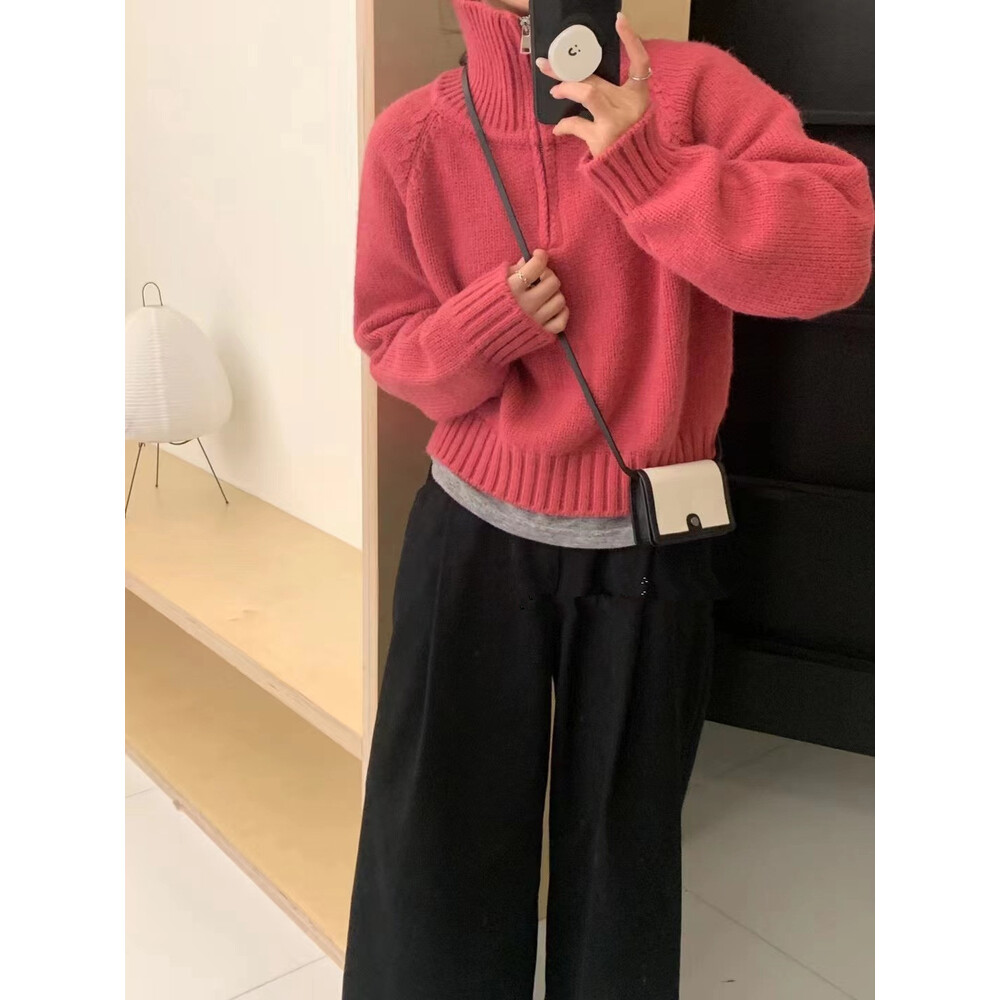 セーター ハーフジップ レディース 通販 スタンドカラー プルオーバー ジップアップ 長袖 厚手 厚め ゆったり 体型カバー ラグランスリーブ 秋 冬 冬物 セーター |  | 05