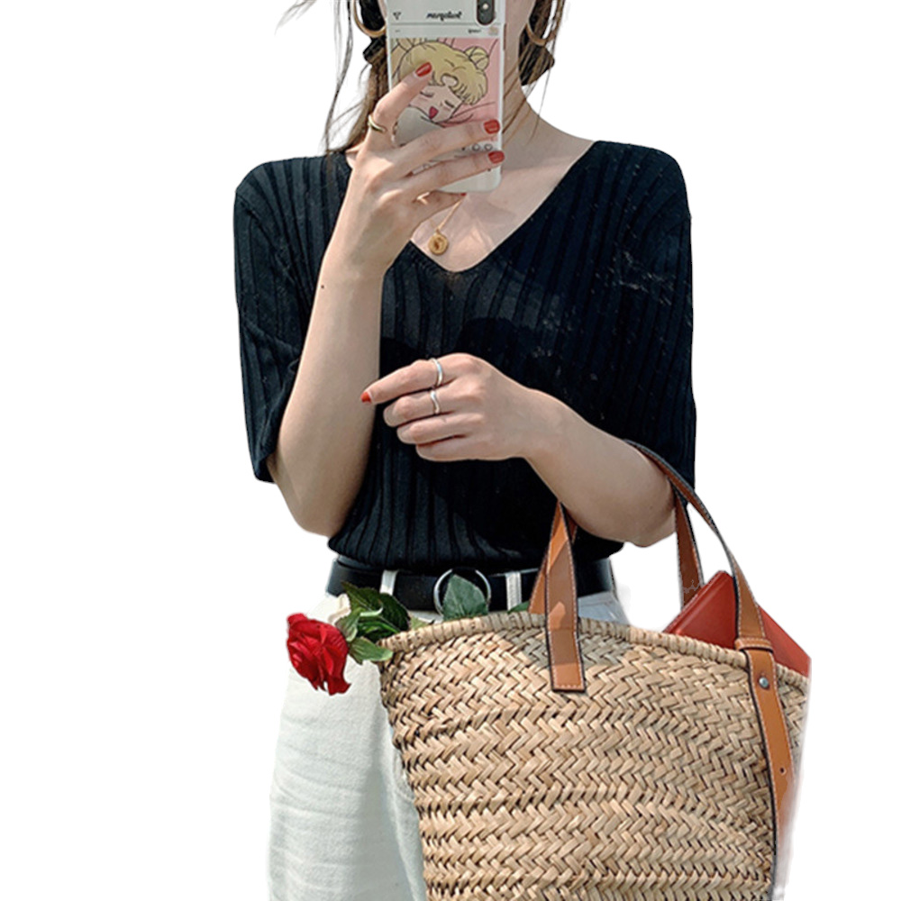 レディース 通販レディース サマーニット ニット 半袖ニット vネック tシャツ カットソー トップス 半袖 春 夏 秋 ゆったり おしゃれ 無地 きれいめ  レディース | ブランド登録なし | 05