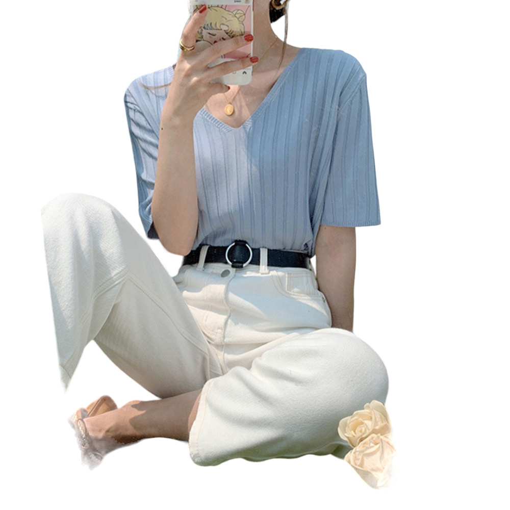 レディース 通販レディース サマーニット ニット 半袖ニット vネック tシャツ カットソー トップス 半袖 春 夏 秋 ゆったり おしゃれ 無地 きれいめ  レディース | ブランド登録なし | 07