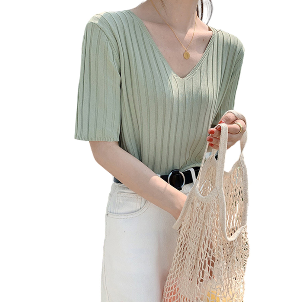 レディース 通販レディース サマーニット ニット 半袖ニット vネック tシャツ カットソー トップス 半袖 春 夏 秋 ゆったり おしゃれ 無地 きれいめ  レディース | ブランド登録なし | 04