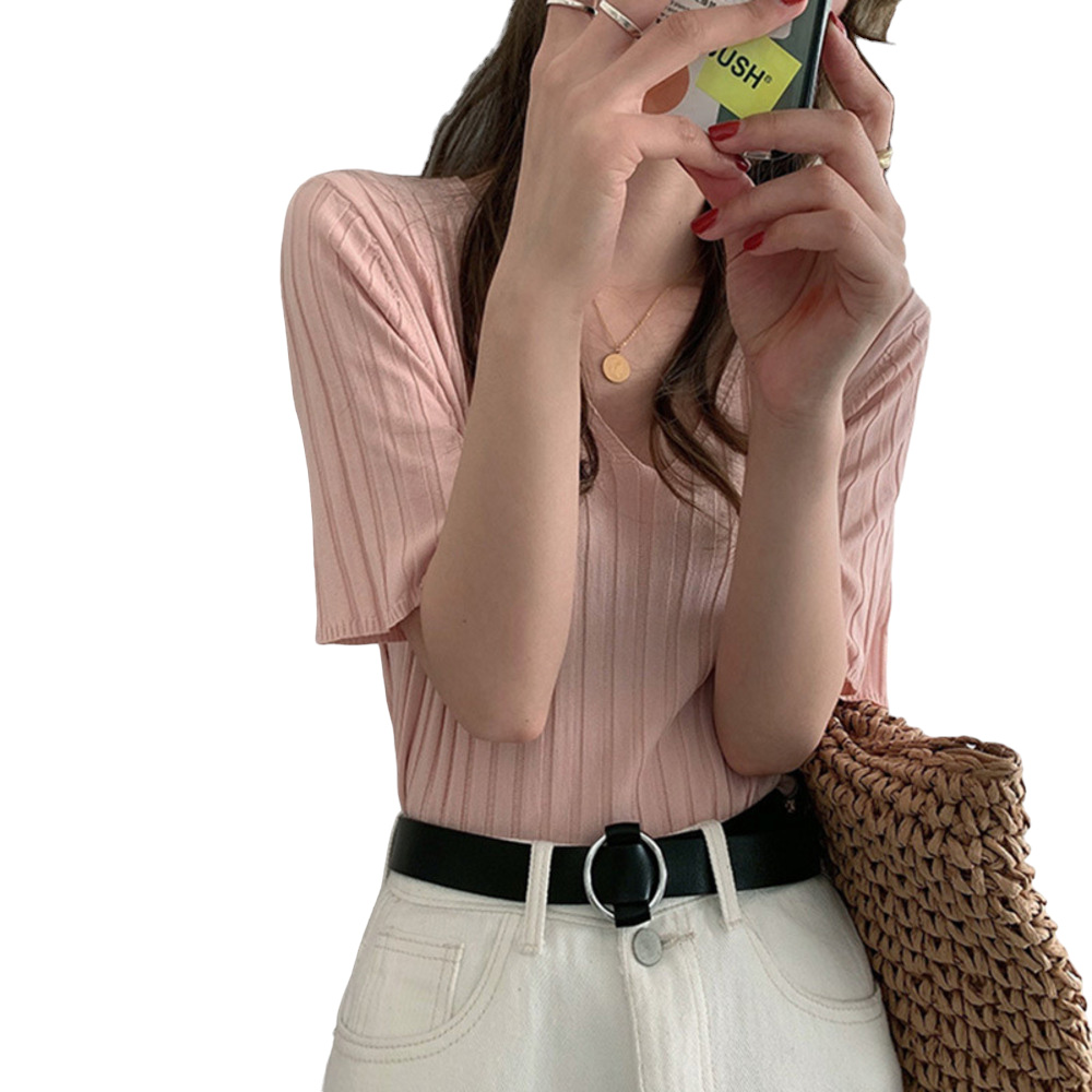 レディース 通販レディース サマーニット ニット 半袖ニット vネック tシャツ カットソー トップス 半袖 春 夏 秋 ゆったり おしゃれ 無地 きれいめ  レディース | ブランド登録なし | 02