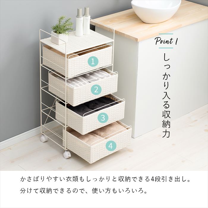 ランドリーラック 通販 RAN-2435 ランドリー収納 ランドリー ラック 引き出し 1列 4段 キャスター付き 移動 水回り 収納 隙間収納 すきま収納 ランドリーラック | HAGiHARA | 04
