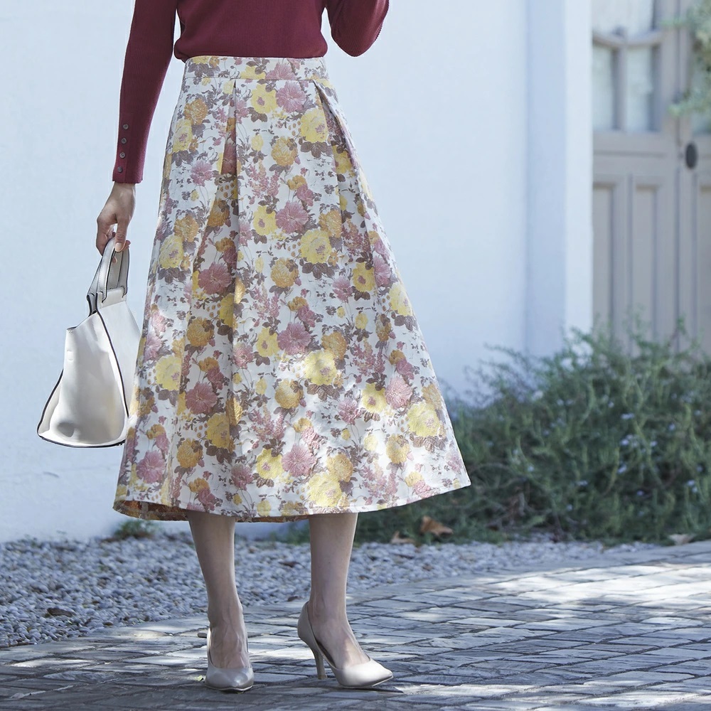 スカート レディース ミモレ丈 冬 通販 ミモレ丈スカート フレアスカート ロングスカート 秋冬 秋 花柄 ゴブラン柄タックフレアスカート ひざ下丈 スカート |  | 02