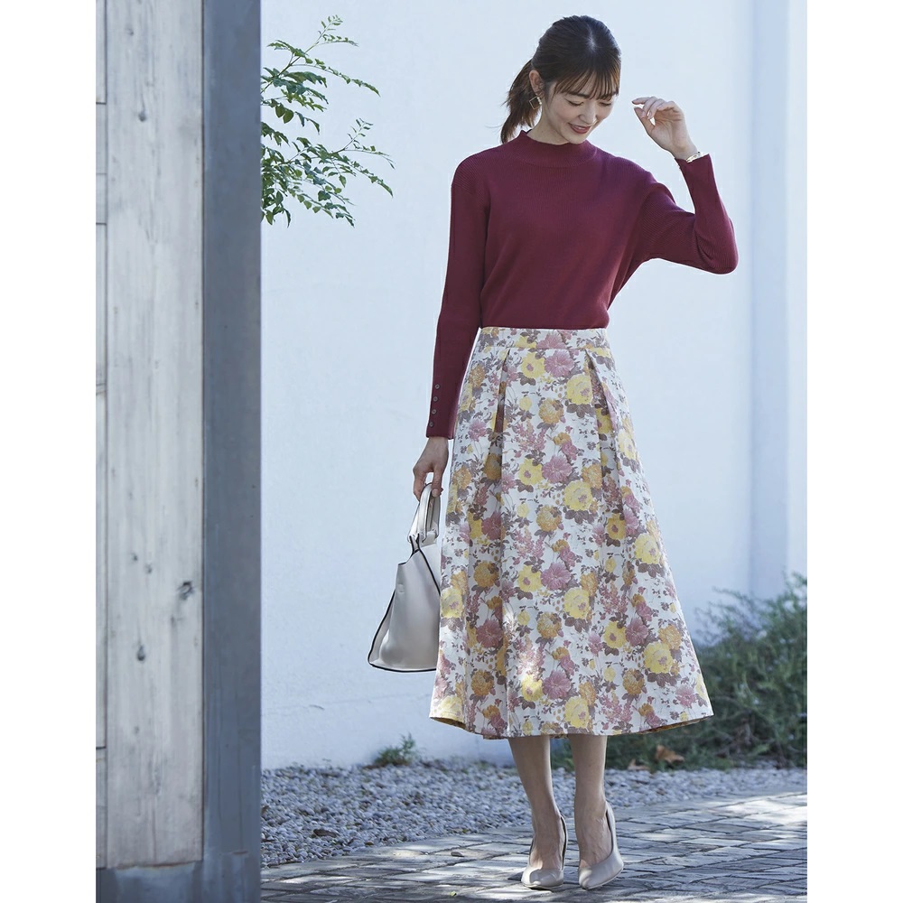 スカート レディース ミモレ丈 冬 通販 ミモレ丈スカート フレアスカート ロングスカート 秋冬 秋 花柄 ゴブラン柄タックフレアスカート ひざ下丈 スカート |  | 12