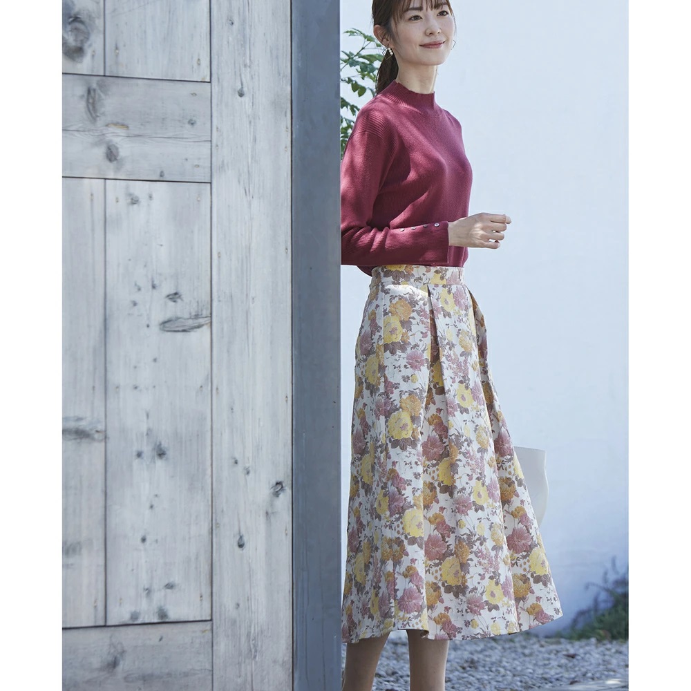 スカート レディース ミモレ丈 冬 通販 ミモレ丈スカート フレアスカート ロングスカート 秋冬 秋 花柄 ゴブラン柄タックフレアスカート ひざ下丈 スカート |  | 13