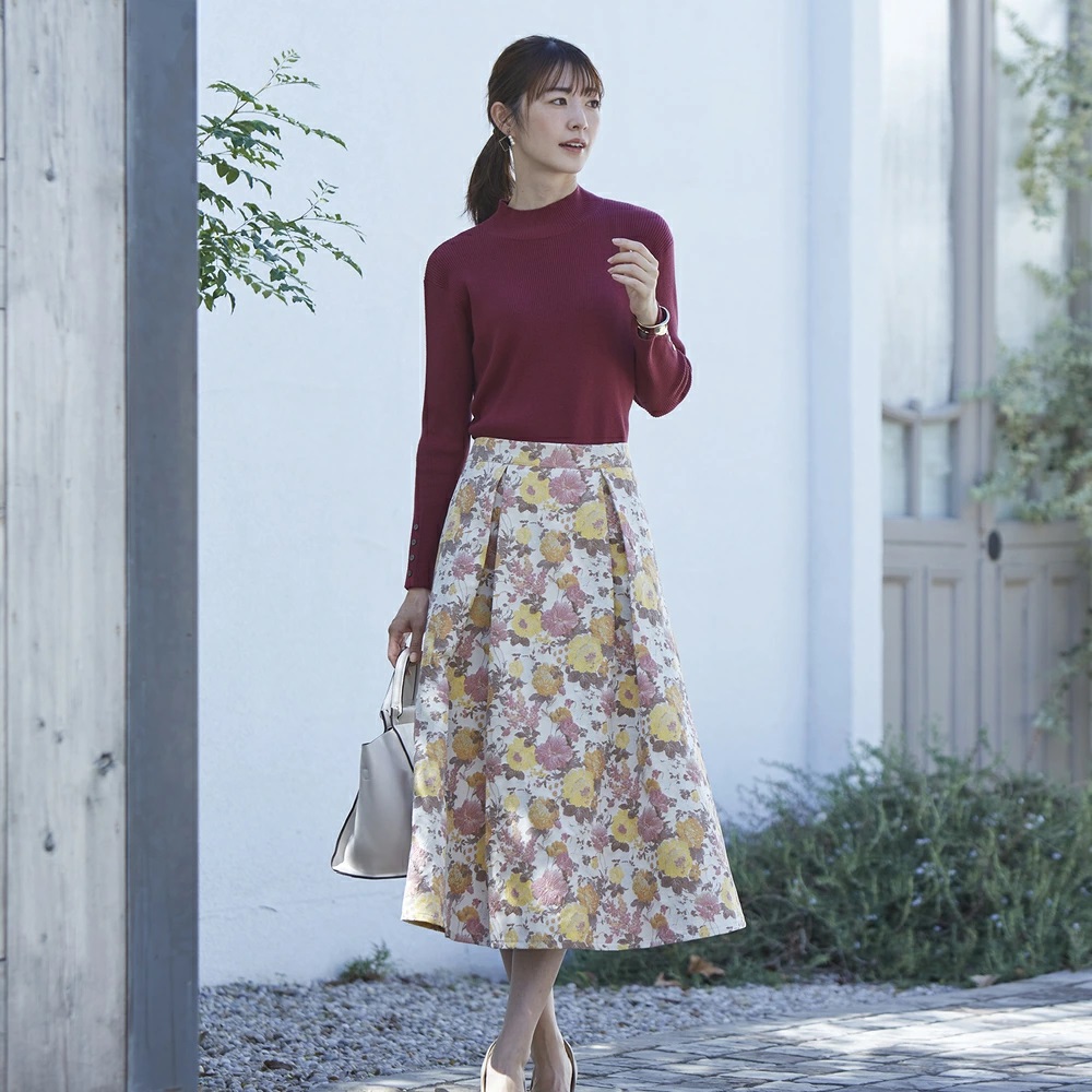 スカート レディース ミモレ丈 冬 通販 ミモレ丈スカート フレアスカート ロングスカート 秋冬 秋 花柄 ゴブラン柄タックフレアスカート ひざ下丈 スカート |  | 14