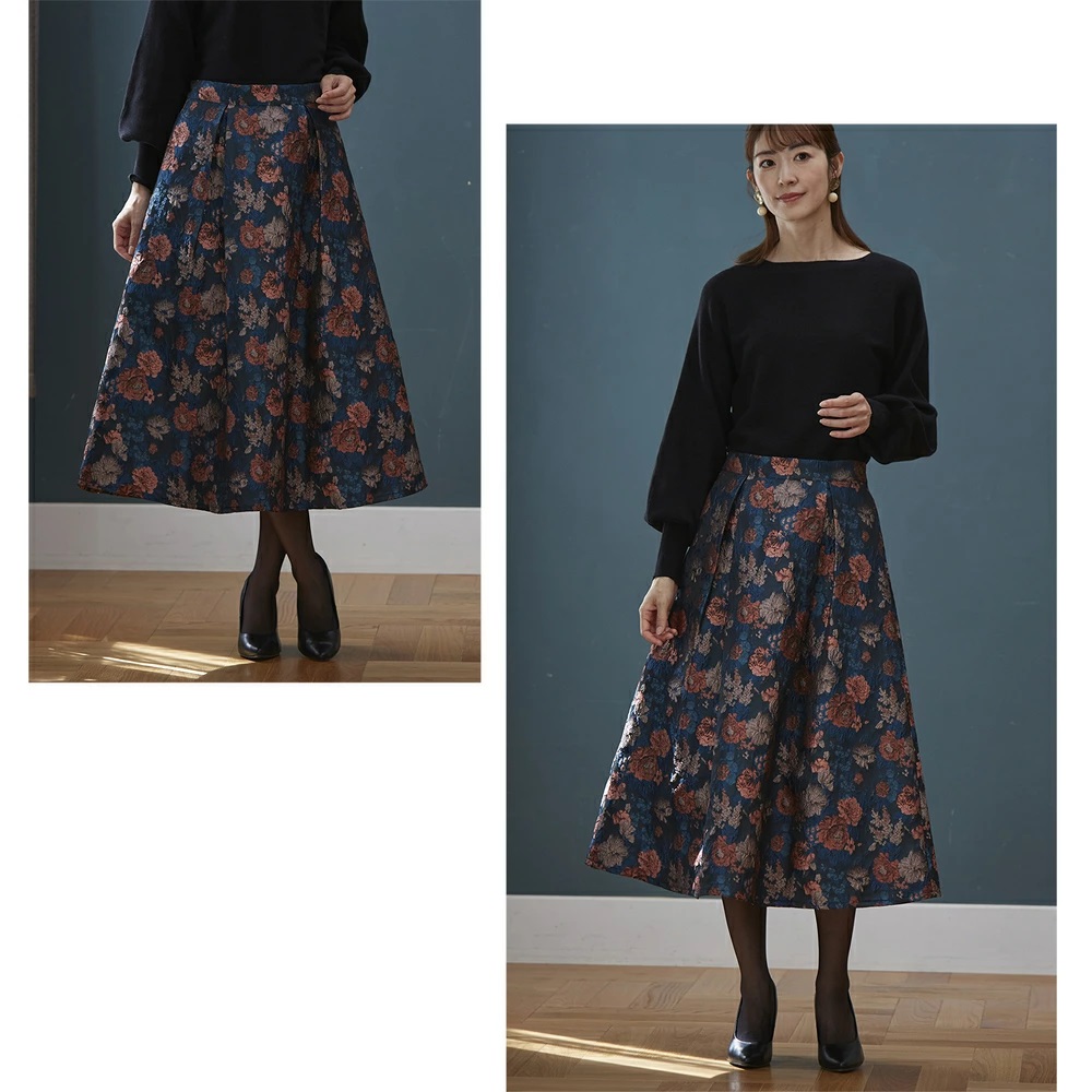 スカート レディース ミモレ丈 冬 通販 ミモレ丈スカート フレアスカート ロングスカート 秋冬 秋 花柄 ゴブラン柄タックフレアスカート ひざ下丈 スカート |  | 10