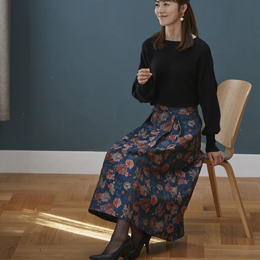 スカート レディース ミモレ丈 冬 通販 ミモレ丈スカート フレアスカート ロングスカート 秋冬 秋 花柄 ゴブラン柄タックフレアスカート ひざ下丈 スカート |  | 11