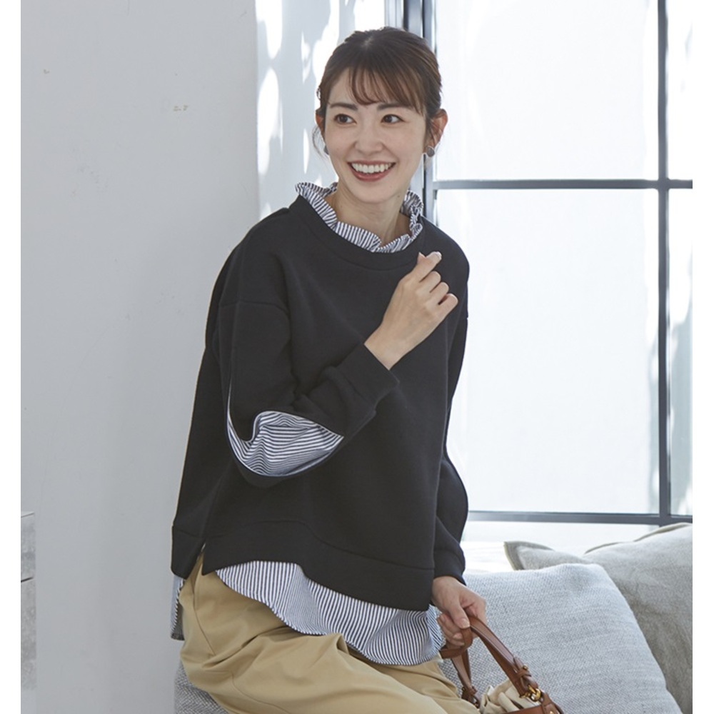 トレーナー 裏起毛 レディース 冬 通販 プルオーバー きれいめ オフィス 秋冬 春 秋 ほっそり魅せるあったか裏起毛重ね着風プルオーバー 重ね着風 トレーナー |  | 01