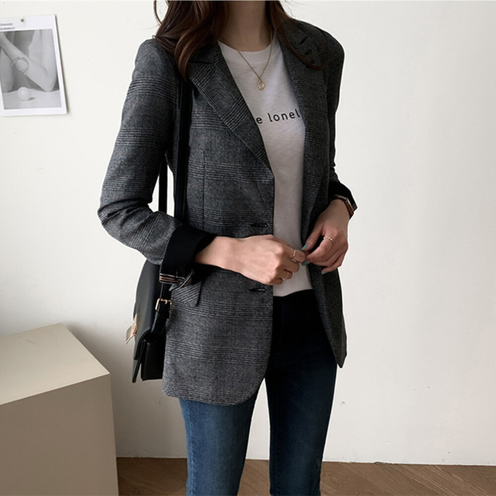 テーラードジャケット レディース 通販 テーラード ジャケット チェック ミドル丈 羽織もの 冬 秋冬 カジュアル オフィス 通勤 ビジネス テーラードジャケット | BACKYARD FAMILY | 02