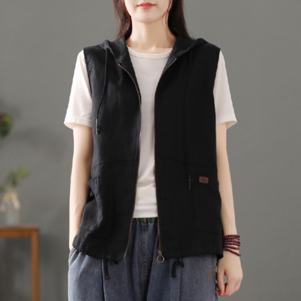 ベスト レディース 前開き 通販 前あきベスト フード付きベスト 綿麻混 ポケット付き 羽織もの はおりもの 重ね着 レイヤード 春 夏 秋 シンプル 無地 ベスト | BACKYARD FAMILY | 01