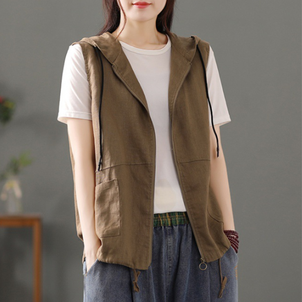 ベスト レディース 前開き 通販 前あきベスト フード付きベスト 綿麻混 ポケット付き 羽織もの はおりもの 重ね着 レイヤード 春 夏 秋 シンプル 無地 ベスト | BACKYARD FAMILY | 03