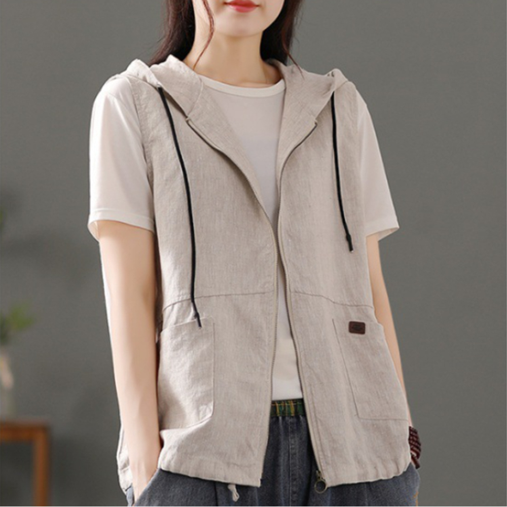 ベスト レディース 前開き 通販 前あきベスト フード付きベスト 綿麻混 ポケット付き 羽織もの はおりもの 重ね着 レイヤード 春 夏 秋 シンプル 無地 ベスト | BACKYARD FAMILY | 02