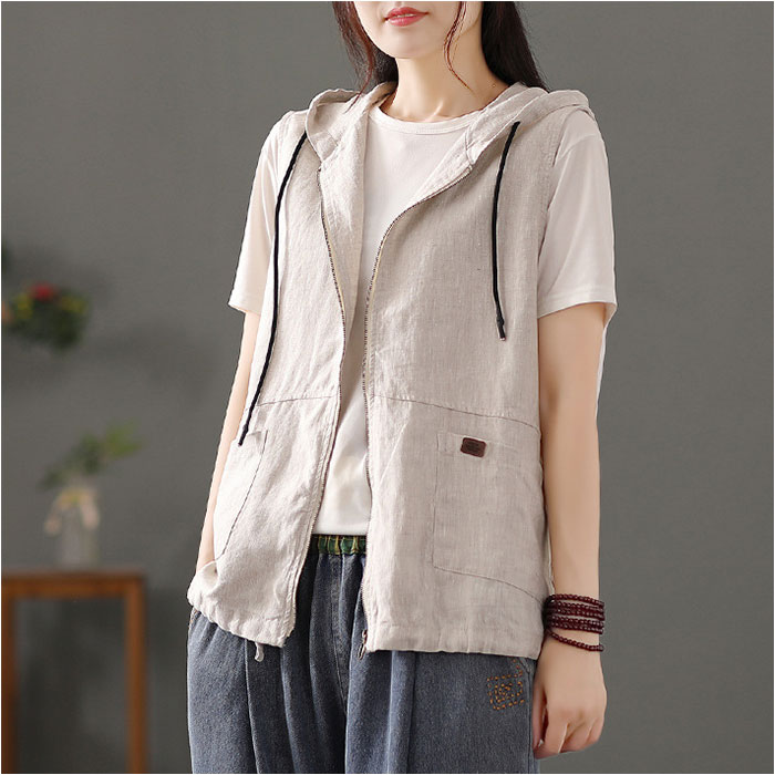 ベスト レディース 前開き 通販 前あきベスト フード付きベスト 綿麻混 ポケット付き 羽織もの はおりもの 重ね着 レイヤード 春 夏 秋 シンプル 無地 ベスト |  | 02