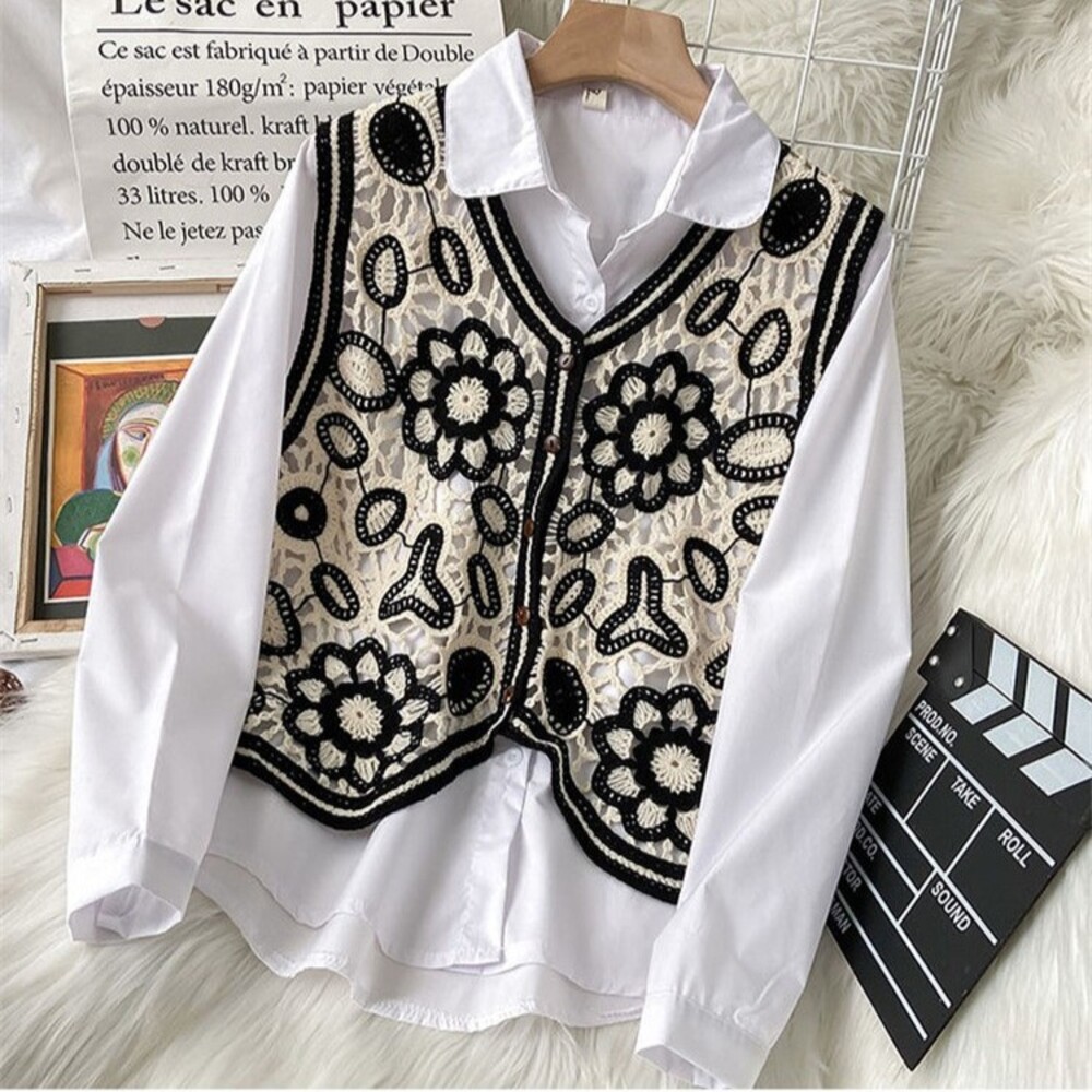 ベスト ボタン付き 前開き レディース ニットベスト 通販 ニット 花柄ニット 前あきベスト ノースリーブ 花柄 フラワー 重ね着 レイヤード 春 秋 冬 ベスト | BACKYARD FAMILY | 01