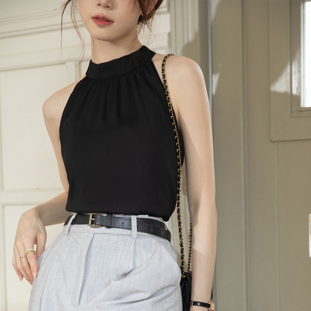 ホルターネック シフォン トップス レディース 黒 白 ブラウス 春 夏