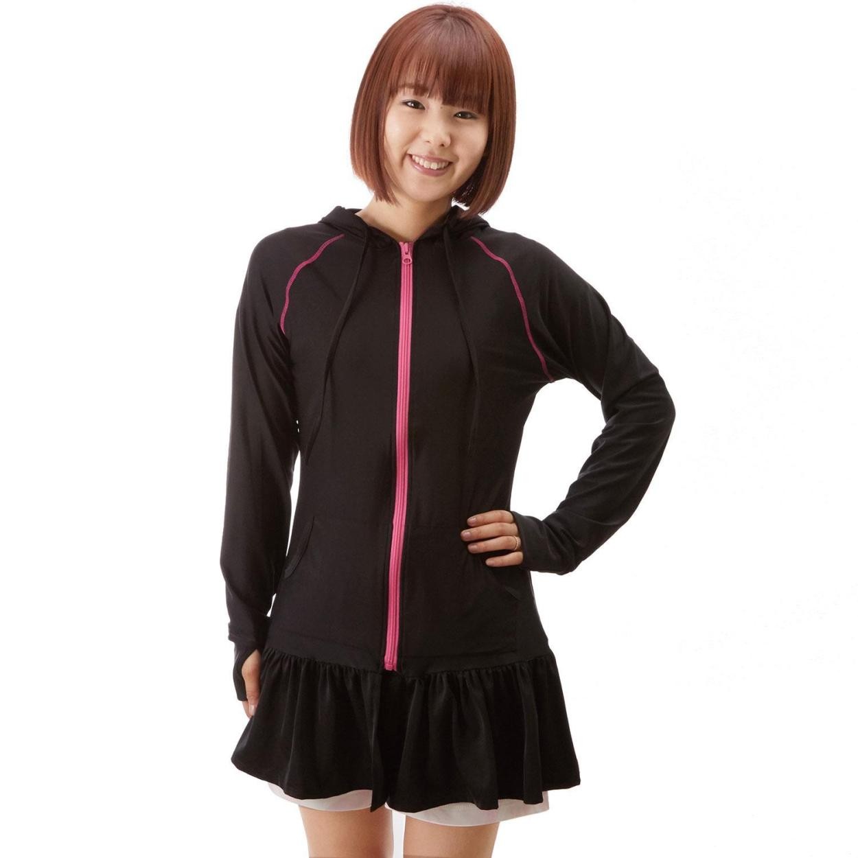 ラッシュガード パーカー 長袖 レディース uv 通販 ワンピース フード 指穴付き ジップアップ 水陸両用 フリル 紫外線対策 日焼け防止 uvカット ロング | ブランド登録なし | 01