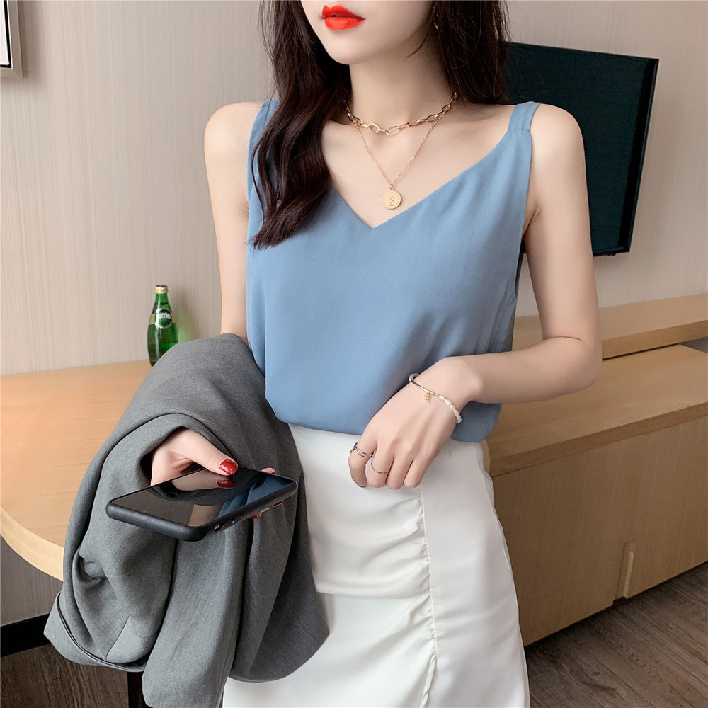 キャミソール レディース アウター インナー 通販 キャミ タンクトップ Vネック ｔシャツ シャツ ダブルレイヤー ゆったり スリム ブラック ブルー キャミソール | KINNER | 03