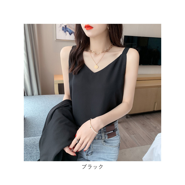 キャミソール レディース アウター インナー 通販 キャミ タンクトップ Vネック ｔシャツ シャツ ダブルレイヤー ゆったり スリム ブラック ブルー キャミソール | KINNER | 18