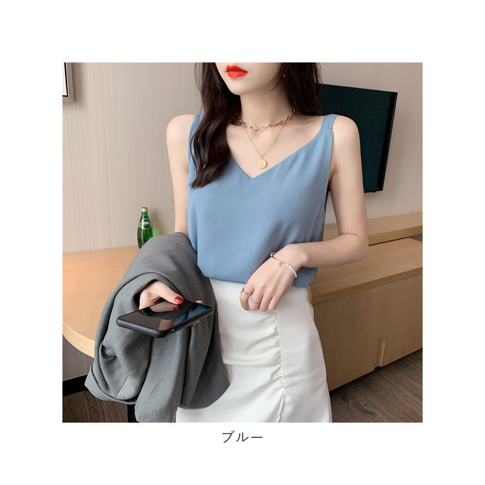 キャミソール レディース アウター インナー 通販 キャミ タンクトップ Vネック ｔシャツ シャツ ダブルレイヤー ゆったり スリム ブラック ブルー キャミソール | KINNER | 19