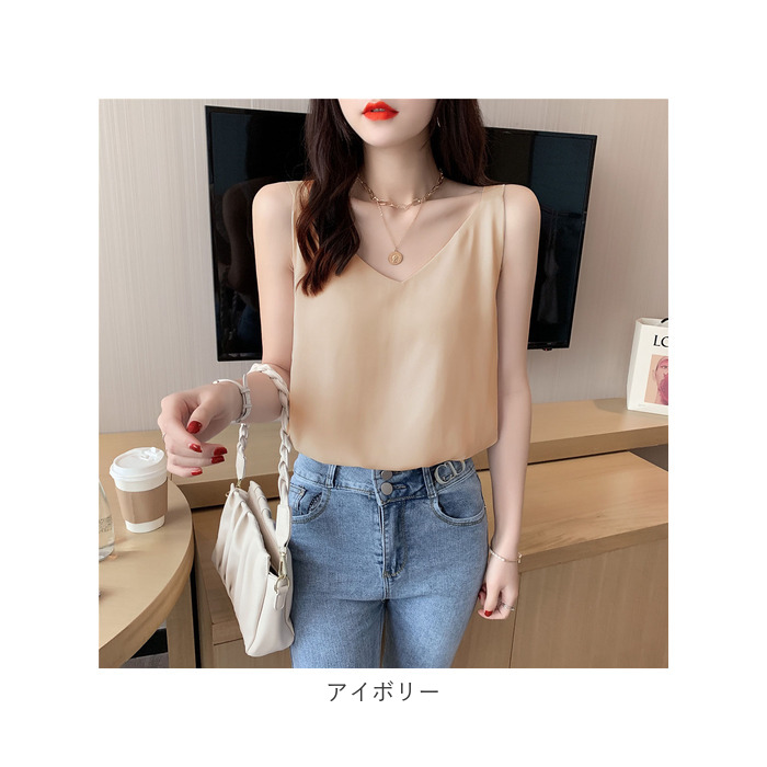 キャミソール レディース アウター インナー 通販 キャミ タンクトップ Vネック ｔシャツ シャツ ダブルレイヤー ゆったり スリム ブラック ブルー キャミソール | KINNER | 20