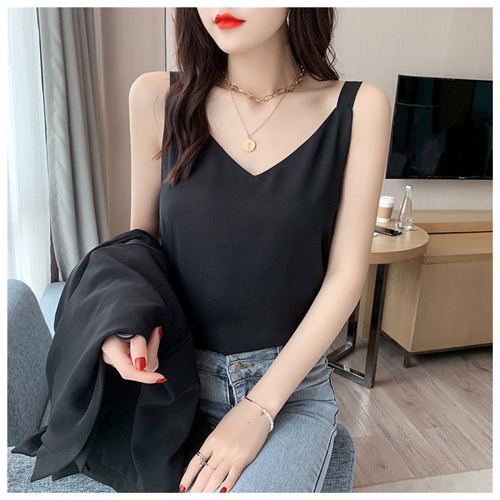 キャミソール レディース アウター インナー 通販 キャミ タンクトップ Vネック ｔシャツ シャツ ダブルレイヤー ゆったり スリム ブラック ブルー キャミソール | KINNER | 10