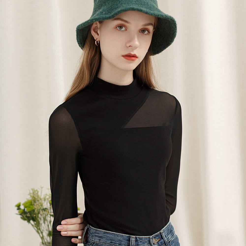 シースルー インナー トップス 通販 シャツ カットソー Tシャツ プルオーバー シアー 透け感 ハイネック タートルネック お呼ばれ 黒 ブラック 長袖 シースルー |  | 01