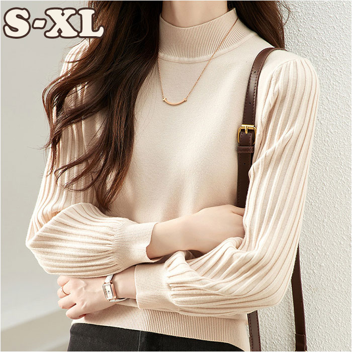 ハイネック ニット 秋冬 レディース 通販 セーター ハーフタートルネック 薄手 秋 冬 薄い 長袖 プリーツ 袖 パフスリーブ ボリュームスリーブ ハイネック | 