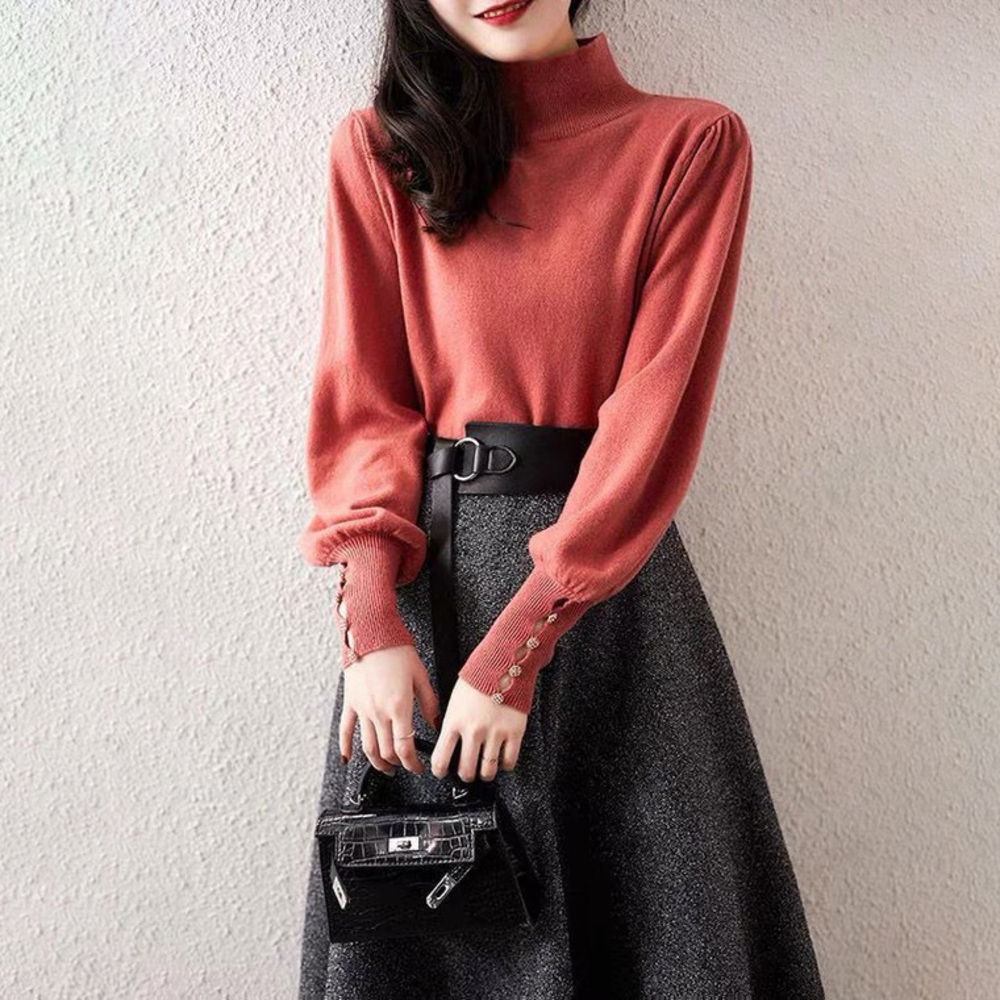 レディース 薄手 ハイネック ニット 通販 セーター ハーフタートルネック 秋冬 秋 冬 薄い 長袖 ボタン 袖 パフスリーブ ボリュームスリーブ レディース |  | 01