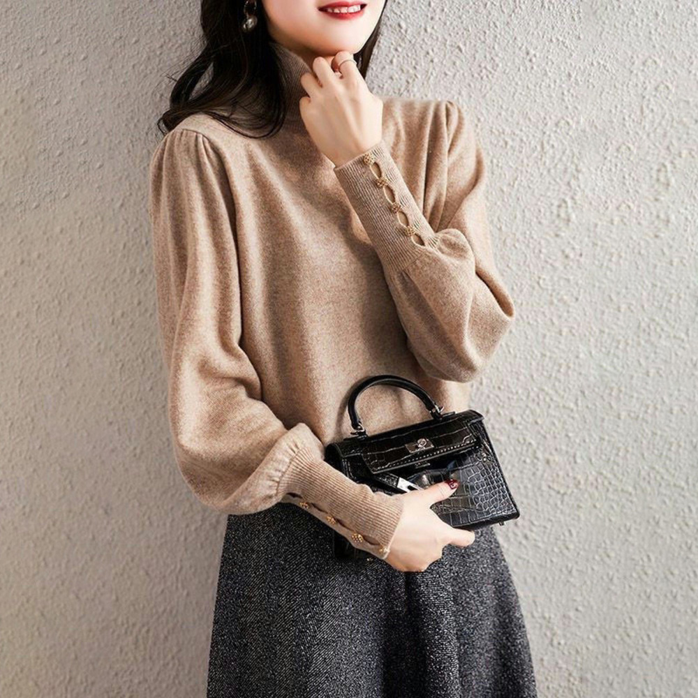 レディース 薄手 ハイネック ニット 通販 セーター ハーフタートルネック 秋冬 秋 冬 薄い 長袖 ボタン 袖 パフスリーブ ボリュームスリーブ レディース |  | 02