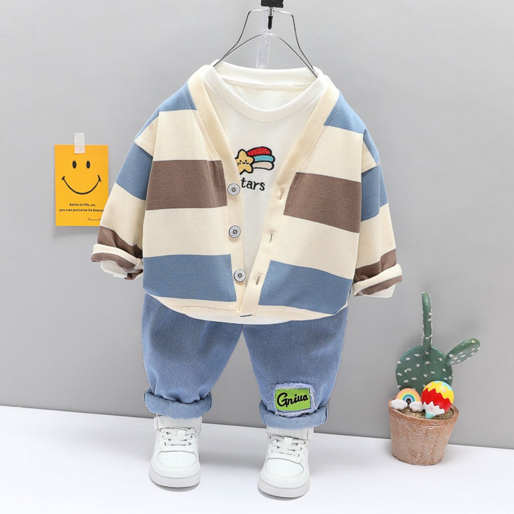 キッズ 幼児服 3点セット カーディガン 通販 ボーダー柄 上下セット セットアップ Tシャツ ズボン 子供服 男の子 ジュニア 洋服 子供 幼児 子ども こども キッズ | ブランド登録なし | 01