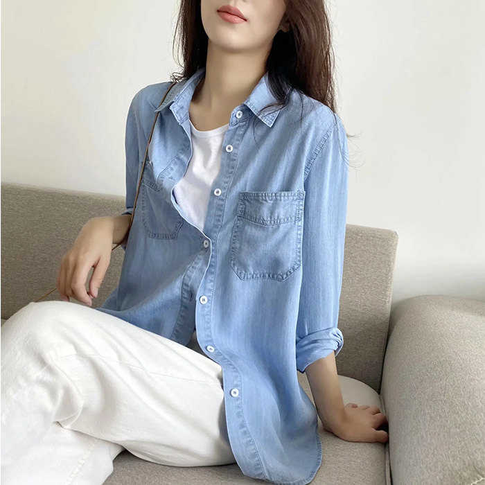 デニムシャツ レディース 長袖 デニム 通販 シャツ ダンガリーシャツ ボタンシャツ 羽織り 羽織 ブラウス ダンガリー 重ね着 前開き 襟付き デニムシャツ |  | 02