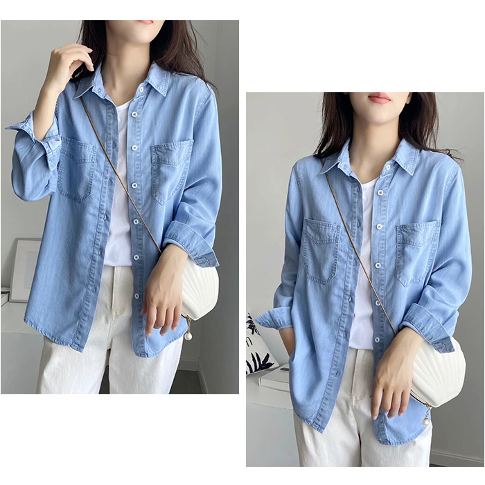 デニムシャツ レディース 長袖 デニム 通販 シャツ ダンガリーシャツ ボタンシャツ 羽織り 羽織 ブラウス ダンガリー 重ね着 前開き 襟付き デニムシャツ |  | 03