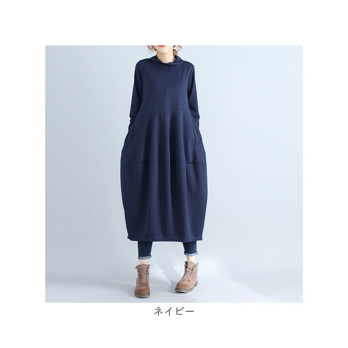 ネイビー　後ろロングワンピース ワンピース ロング丈 マキシ丈 秋冬 長袖 ネイビー ＊Favorite
