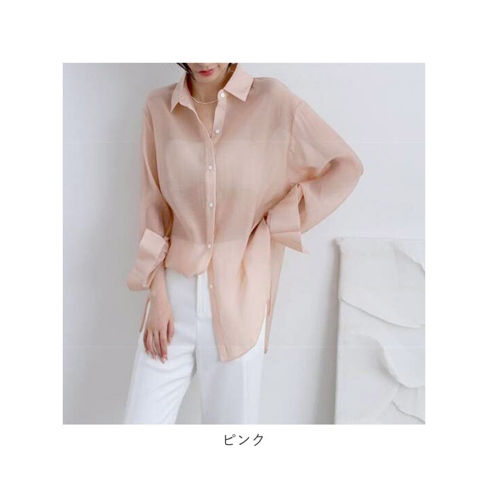 シャツ 通販シャツ 透け感 レディース シースルーシャツ ブラウス カーディガン 薄手 シースルー 長袖 リボン ボタン ゆったり 襟付き 羽織り 体型カバー シャツ | ブランド登録なし | 18