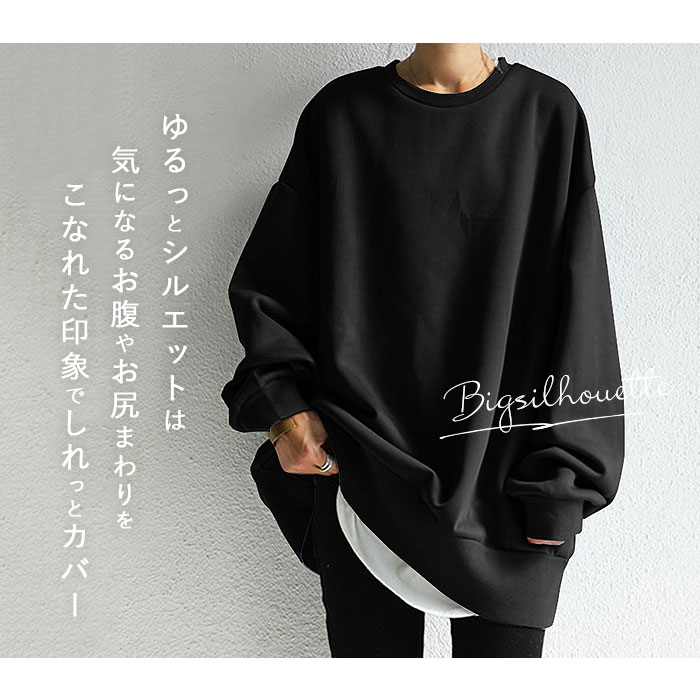 トレーナー カットソー レディース 通販 スウェット プルオーバー セーター ラウンドネック 長袖 体型カバー ゆったり 丈 長め 丸首 春 冬 秋 無地 トレーナー |  | 01